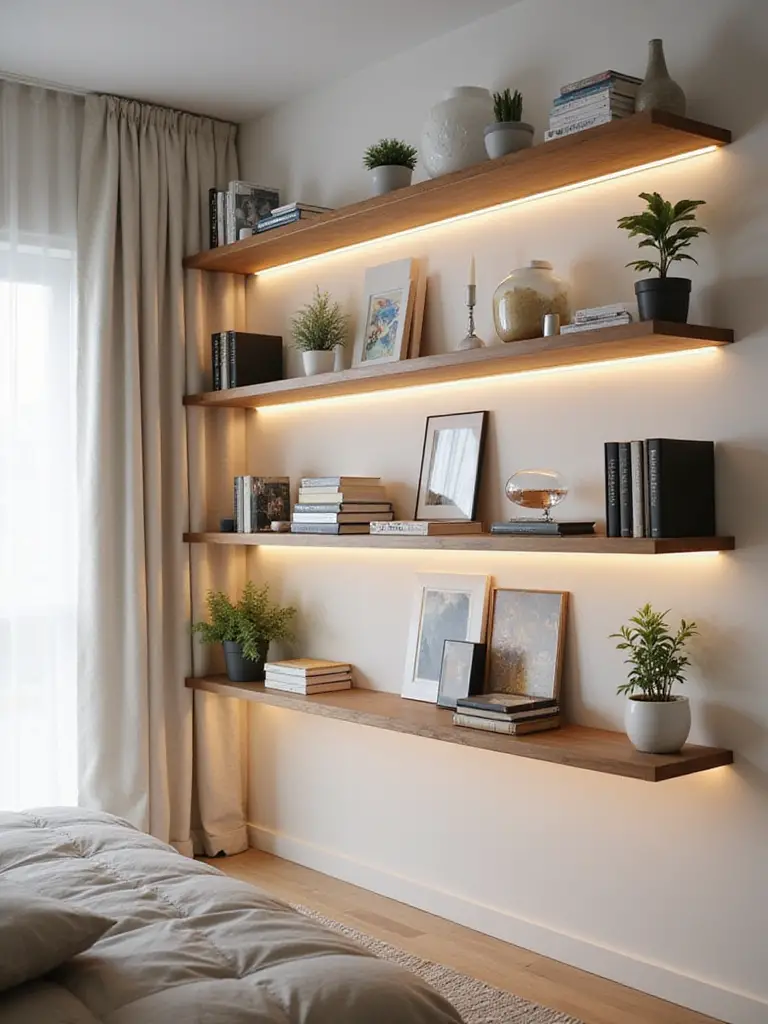 Modern apartment bedroom wall with vertically arranged floating shelves holding books, plants, and decor under warm lighting