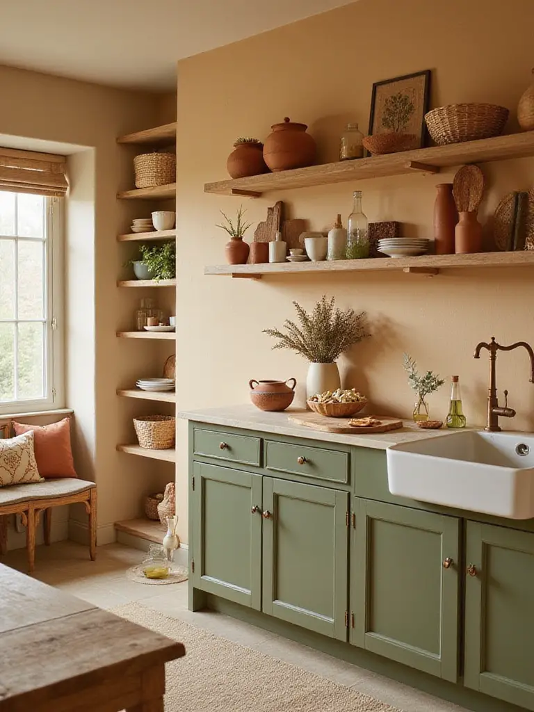 Cozy kitchen in warm earthy neutrals with natural wood accents