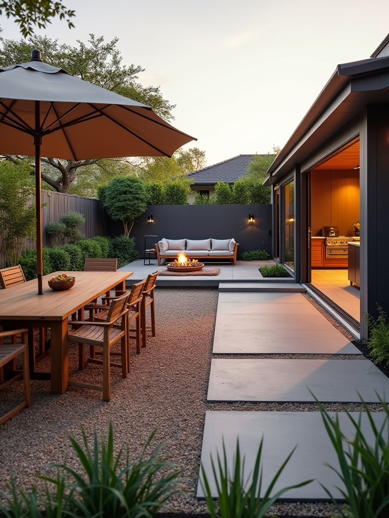 Backyard patio with clearly defined dining, lounging, and grilling zones using varied paving and outdoor furniture, no people.