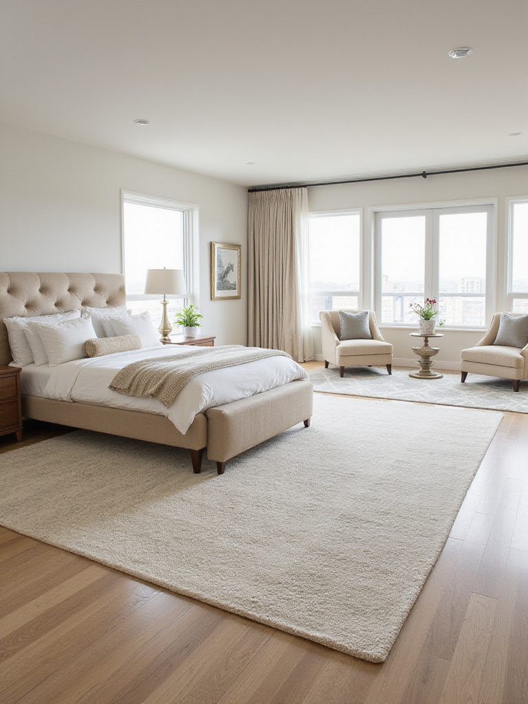 A large master bedroom showcasing sophisticated zone definition using two distinct area rugs; one anchors a plush king-sized bed, while a complementary rug creates a cozy separate seating area, highlighting effective large bedroom rug zoning.
